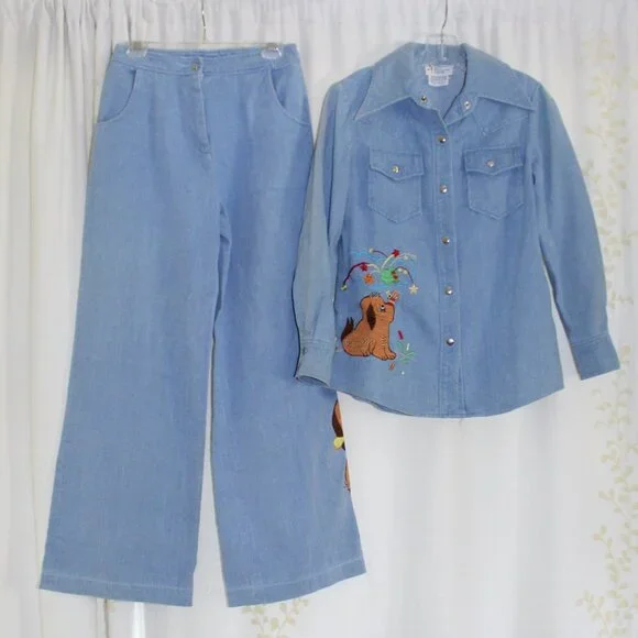 Vtg Penney's International Imports Embroidered Dog Girl Denim Jeans Shirt Set